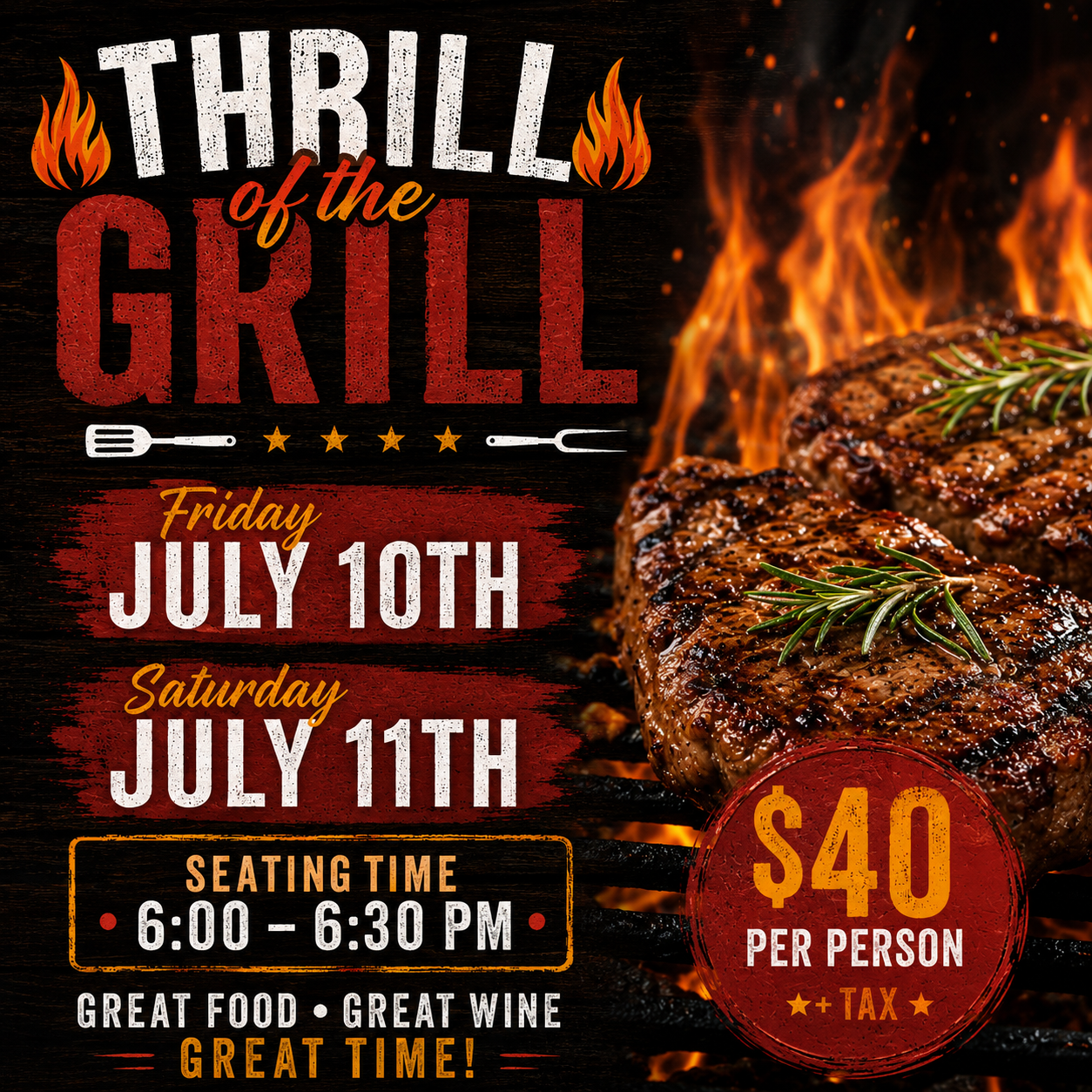 Flaming grilled steak and barbecue event poster